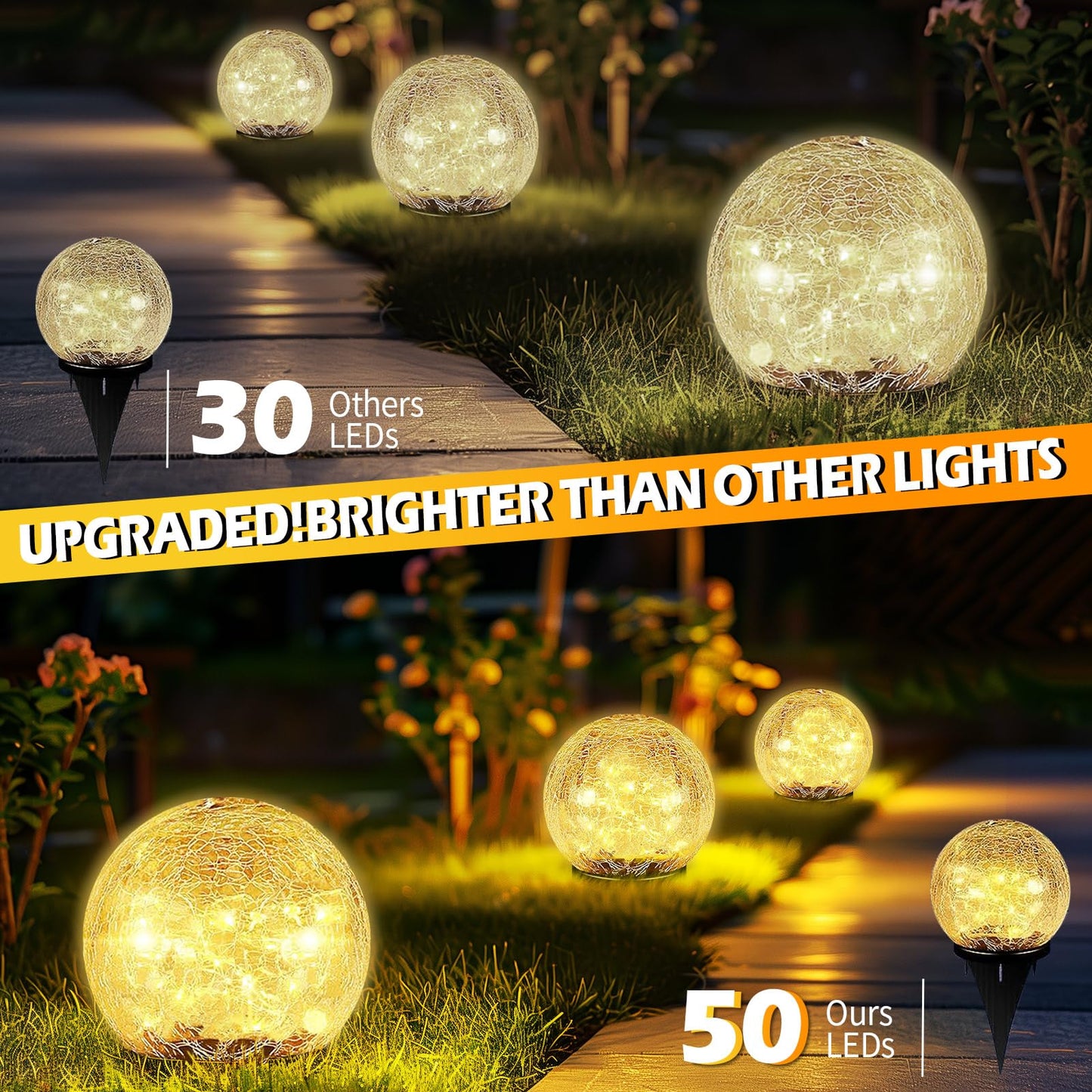 Coroor Garden Solar Ball Lights Outdoor Waterproof, 50 LED Cracked Glass Globe Solar Power Ground Lights for Path Yard Patio Lawn, Christmas