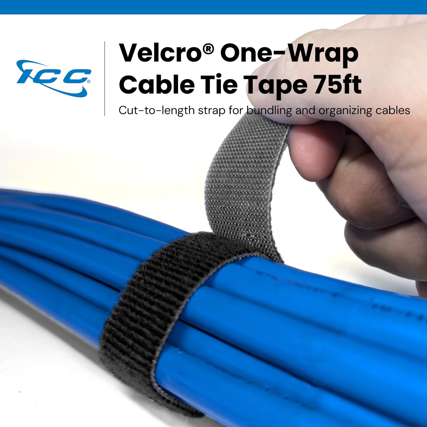 ICC Velcro® Brand ONE-WRAP® Tie Cable Tie Tape - 0.75” x 75 Feet Per Roll, Reusable Hook and Loop Fastening Tape for Efficient Cable Management