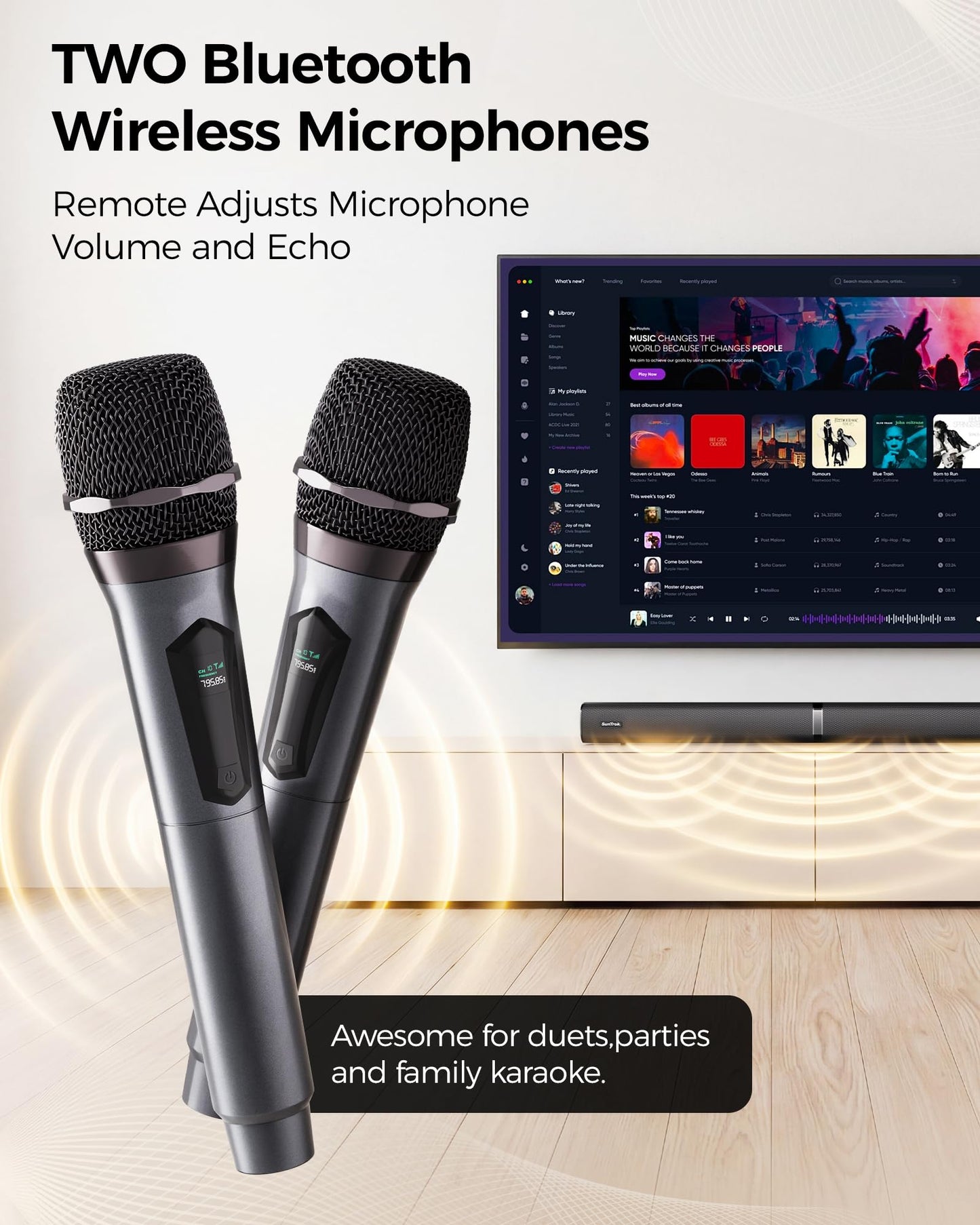Soundbar with Subwoofer for TV, Home Theater Bluetooth 5.3 Speaker System with 2 Wireless Karaoke Mics, Surround Sound Audio with HDMI ARC, Optical