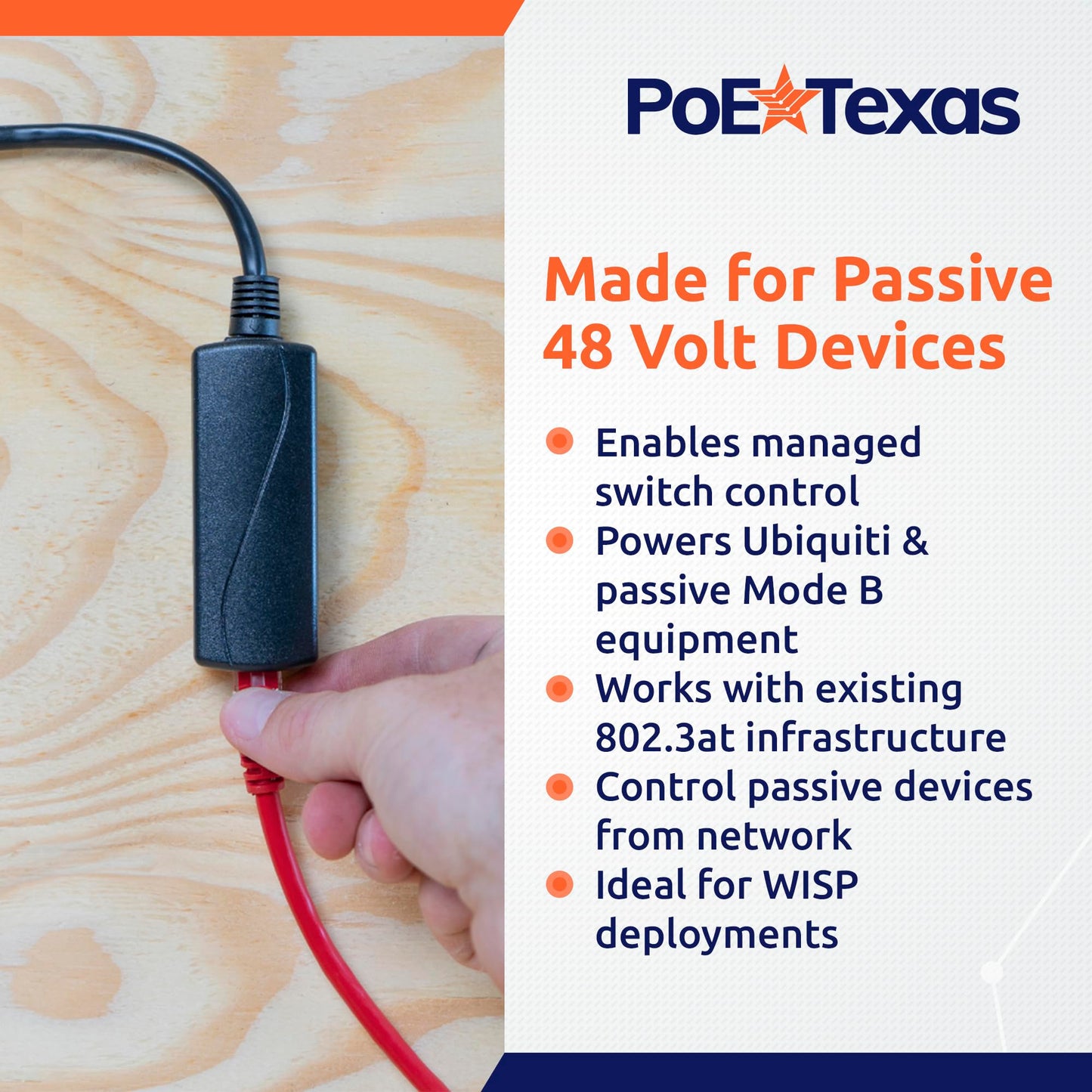 PoE Texas 48V Active-to-Passive PoE Converter, 25W Gigabit