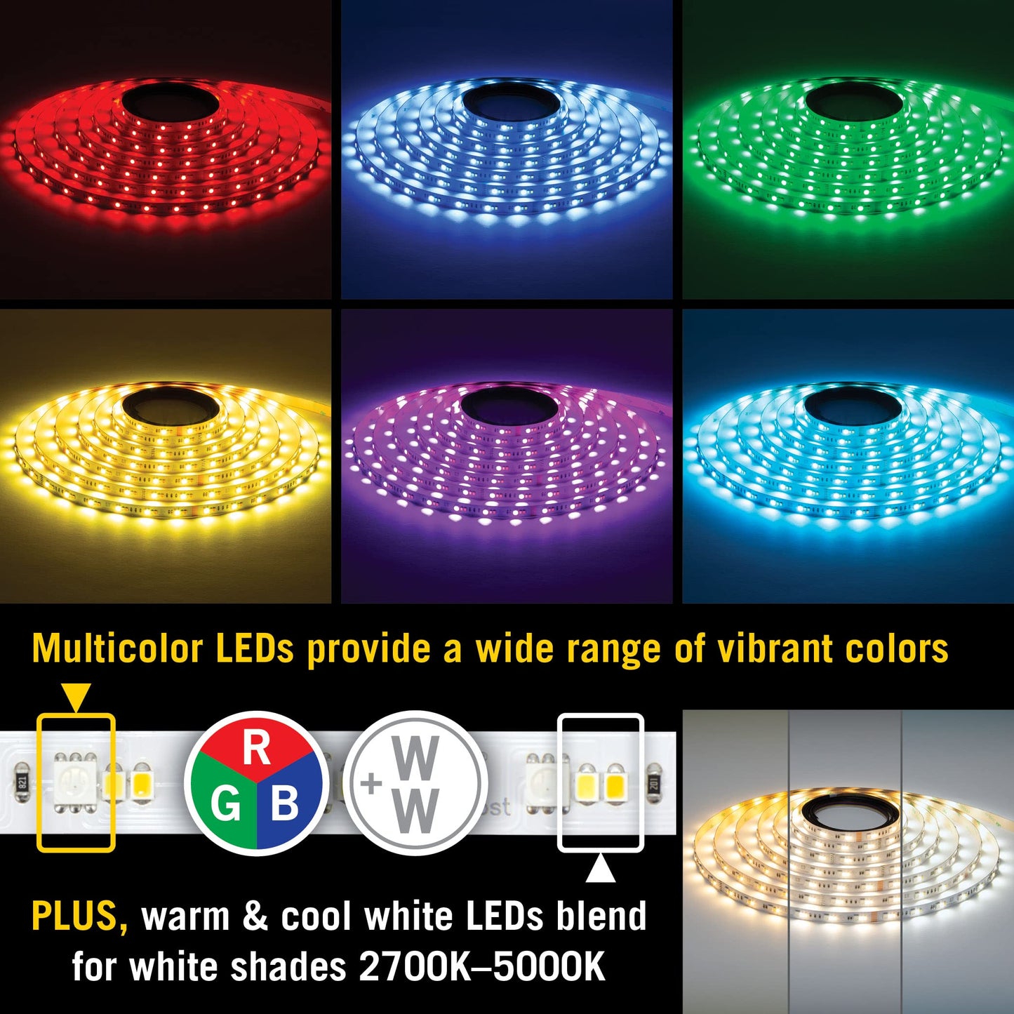 Armacost Lighting RibbonFlex Pro 24V RGB+WW LED Strip Light Tape 36 + 36 +36 LED/m, 32' (10M) 645250