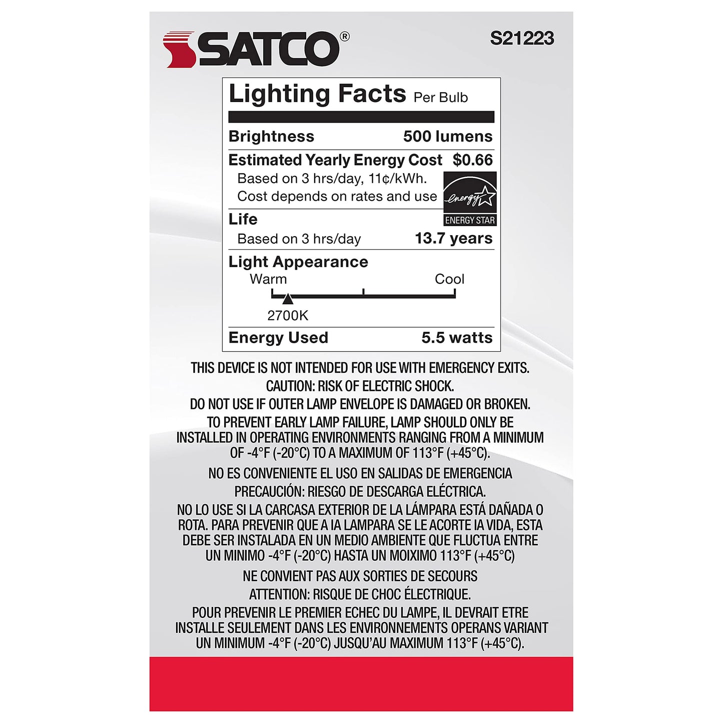 Satco 5.5-Watt LED E26 Light Bulb, 2700K, 15000 Hour Rating, Dimmable White