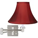 Possini Euro Design Swing Arm Wall Mounted Lamp Brushed Nickel Plug-in Light Fixture Dimmable Deep Red Dupioni Silk Bell Shade for Bedroom Bedside