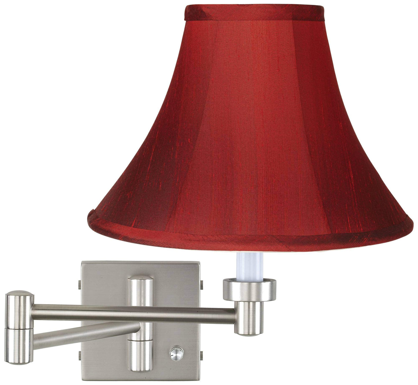 Possini Euro Design Swing Arm Wall Mounted Lamp Brushed Nickel Plug-in Light Fixture Dimmable Deep Red Dupioni Silk Bell Shade for Bedroom Bedside