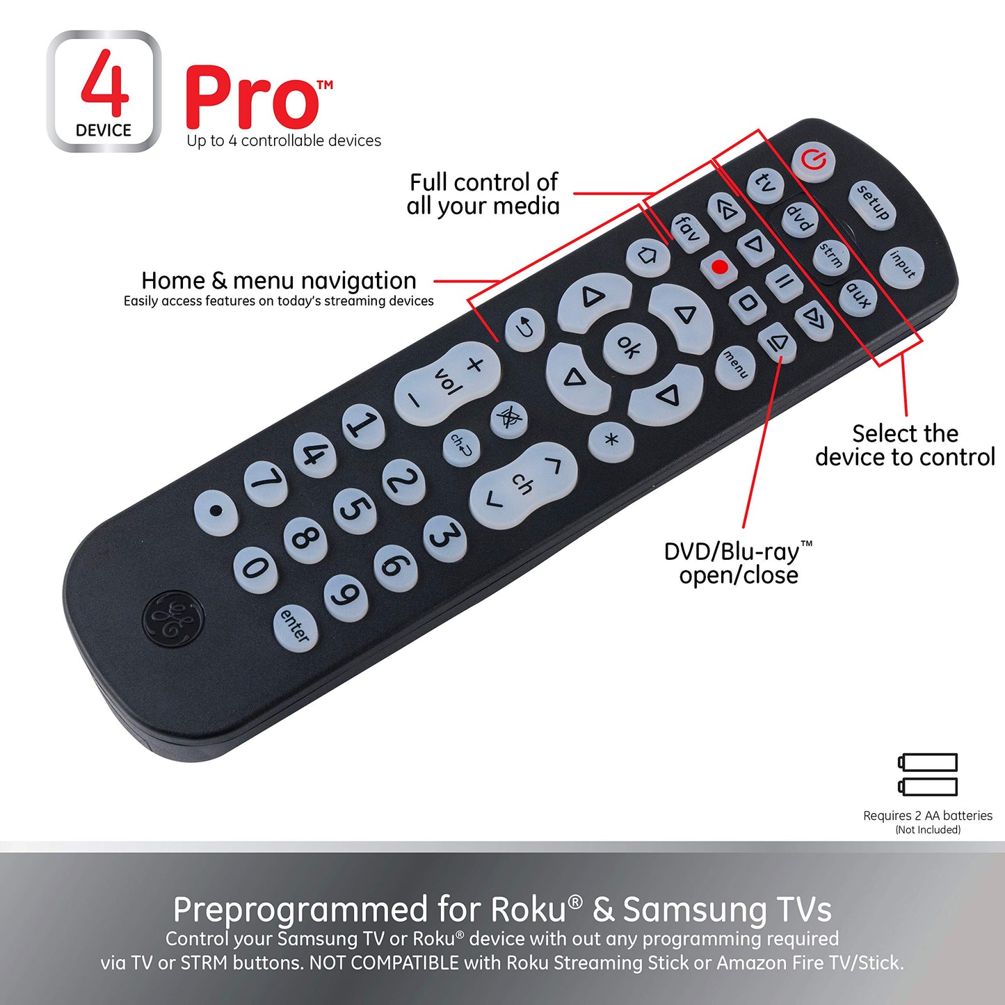 GE Backlit Buttons Universal Remote Control, Samsung TV Remote Control Replacement, Samsung Remote Control for Smart TV, Roku Remote Replacement