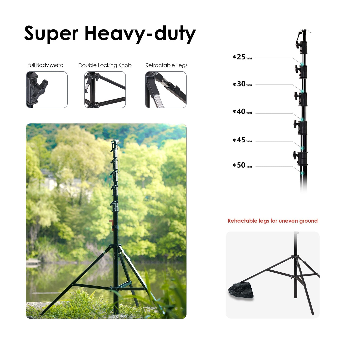 RAUBAY 24' Tall Tripod Stand, Extreme Tall Heavy Duty Sports Camera Video Tripod, Spring Telescoping Aluminium Alloy Large Light Stand with 1/4"& 3/8"