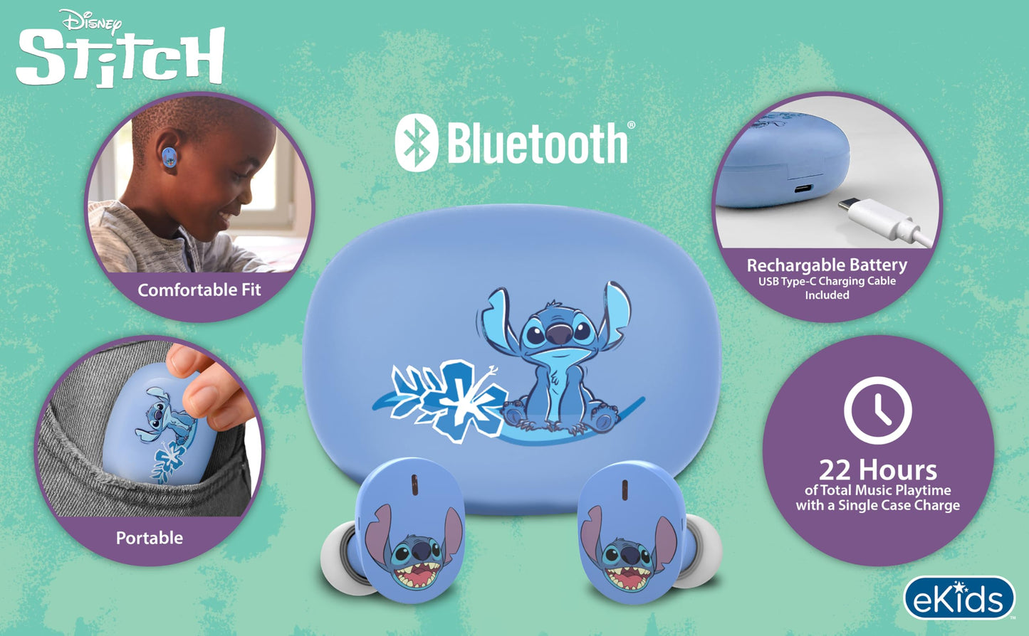 Disney Stitch Wireless Earbuds for Kids, Bluetooth Earbuds with Charging Case