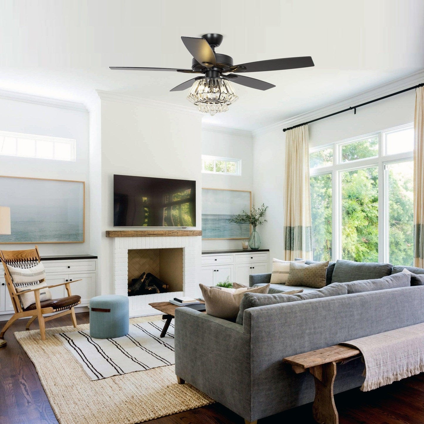 Vaczon 52'' Farmhouse Ceiling Fan with Light & Remote - Black Caged Fandelier Style, Crystal Chandelier with 6 Speeds,Reversible Motor