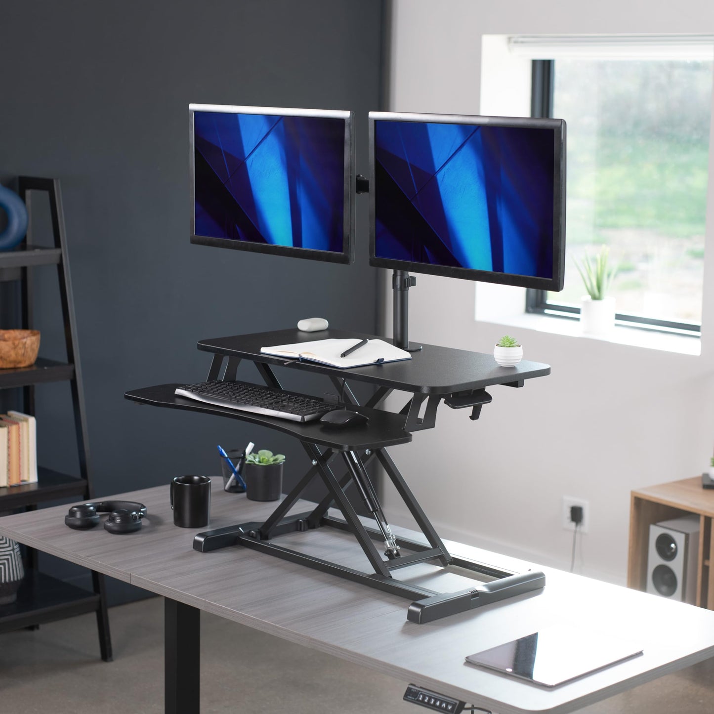 VIVO Height Adjustable 32 inch Standing Desk Converter with Dual 13 to 30 inch Monitor Stand, Sit Stand Monitor Mount and Desk Riser, Black