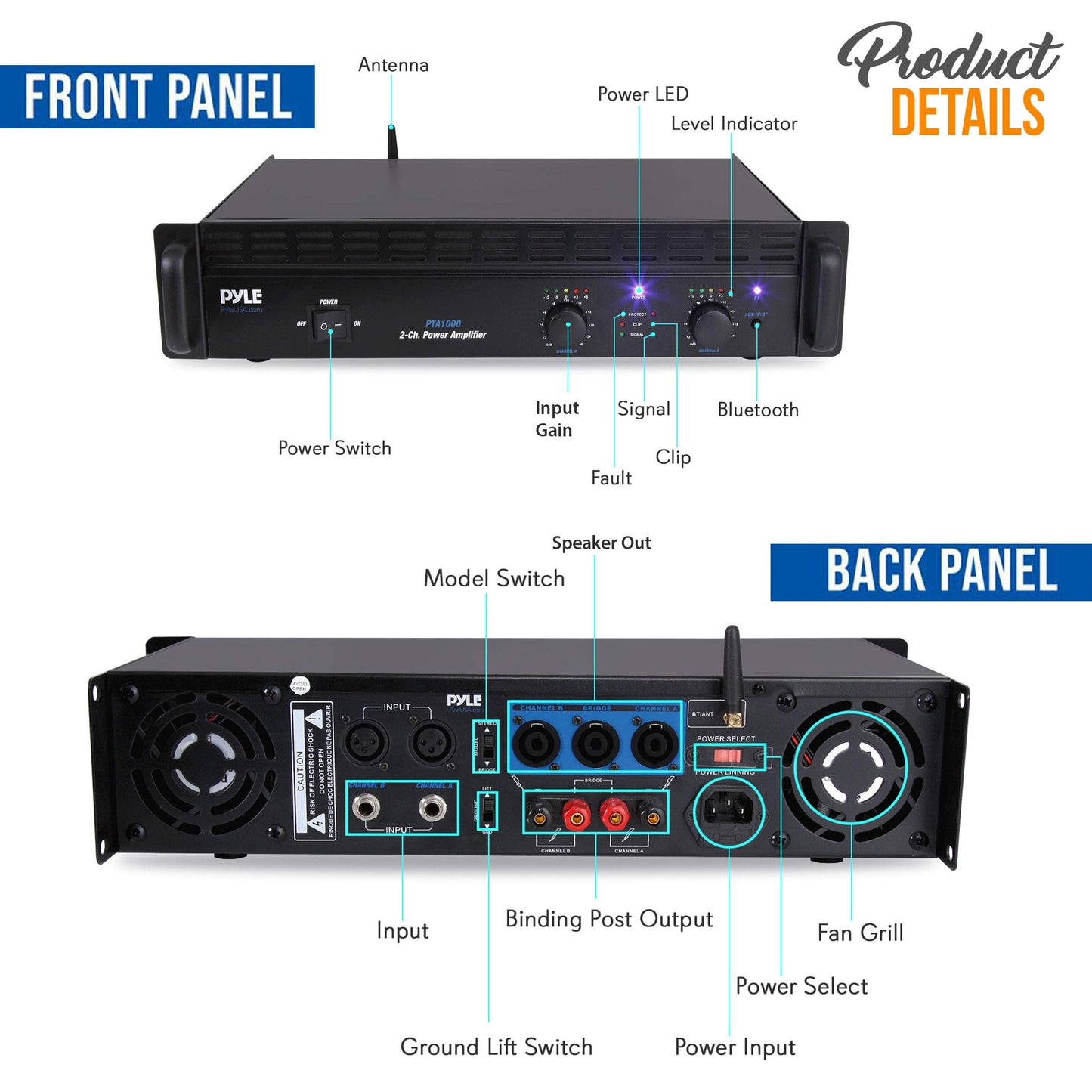 Pyle Professional Audio Bluetooth Power Amplifier - 2-Channel Rack Mount Bridgeable, LED Indicators, Shockproof Binding Posts, Cooling Fans 1000 Watt