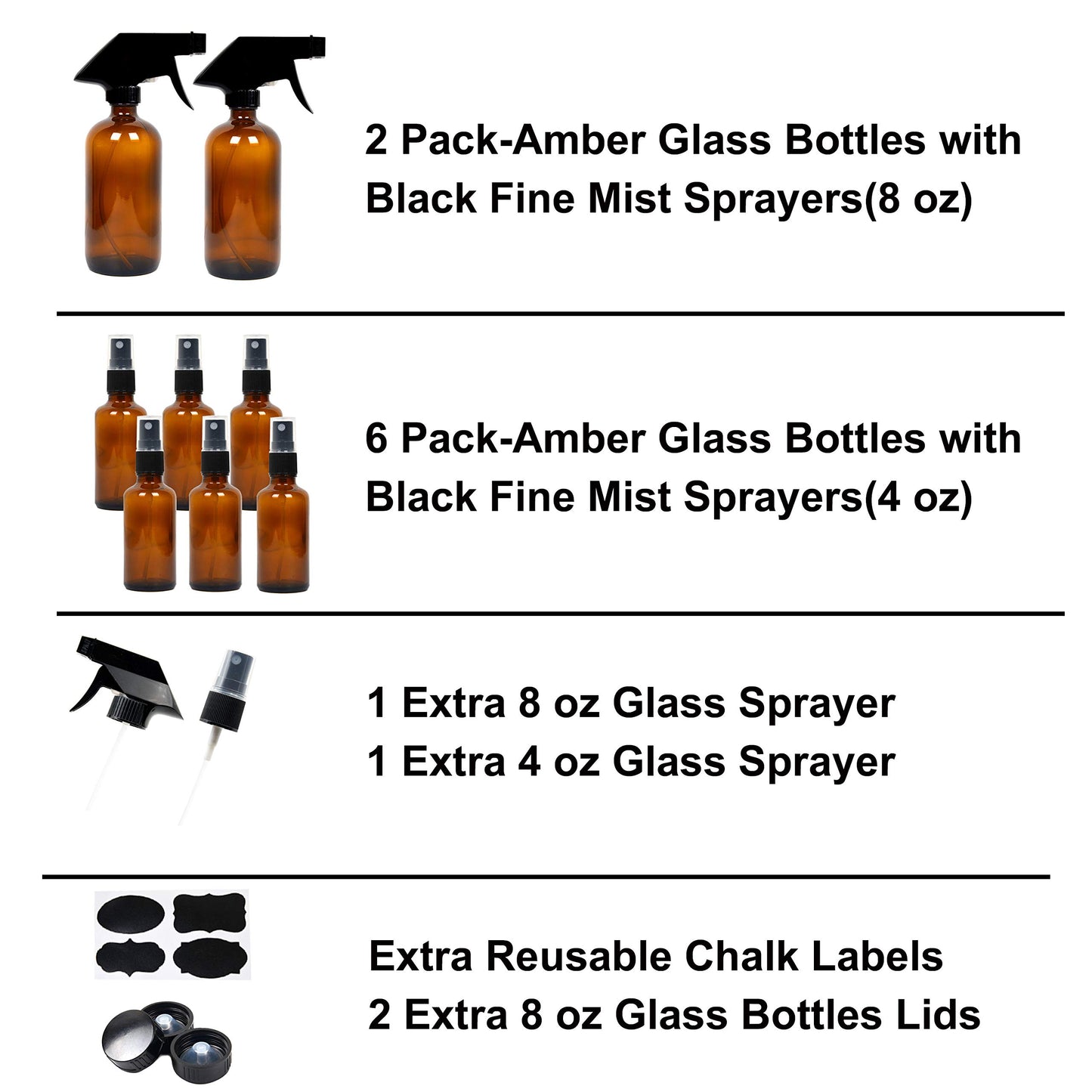Youngever 8 Pack Empty Amber Glass Spray Bottles Set, 2 Pack 8 Ounce and 6 Pack 4 Ounce Refillable Containers for Essential Oils, Cleaning Products