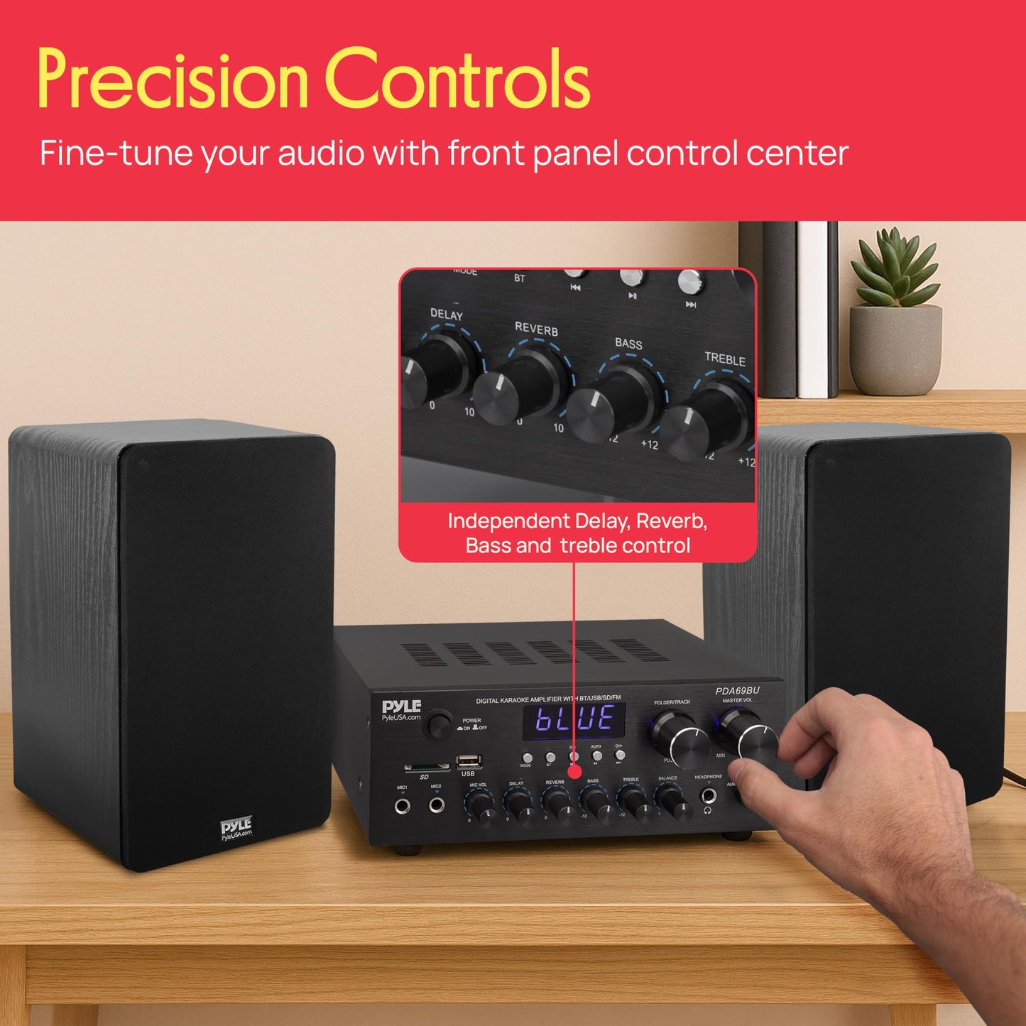 Pyle Home Karaoke Amplifier Receiver with Bluetooth Streaming, 200 Watt Peak, Dual Mic Inputs with Delay and Reverb, 2.0 Channel Hi Fi Sound System