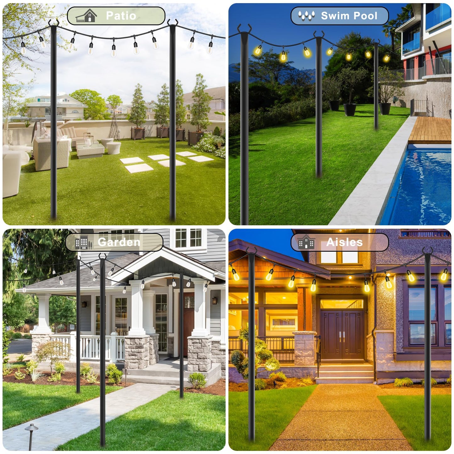 NUERPO 7 Pack String Light Poles,Metal Poles for Hanging Outdoor Light Strings,7 Pack 10 FT Light Poles Stand for Outside