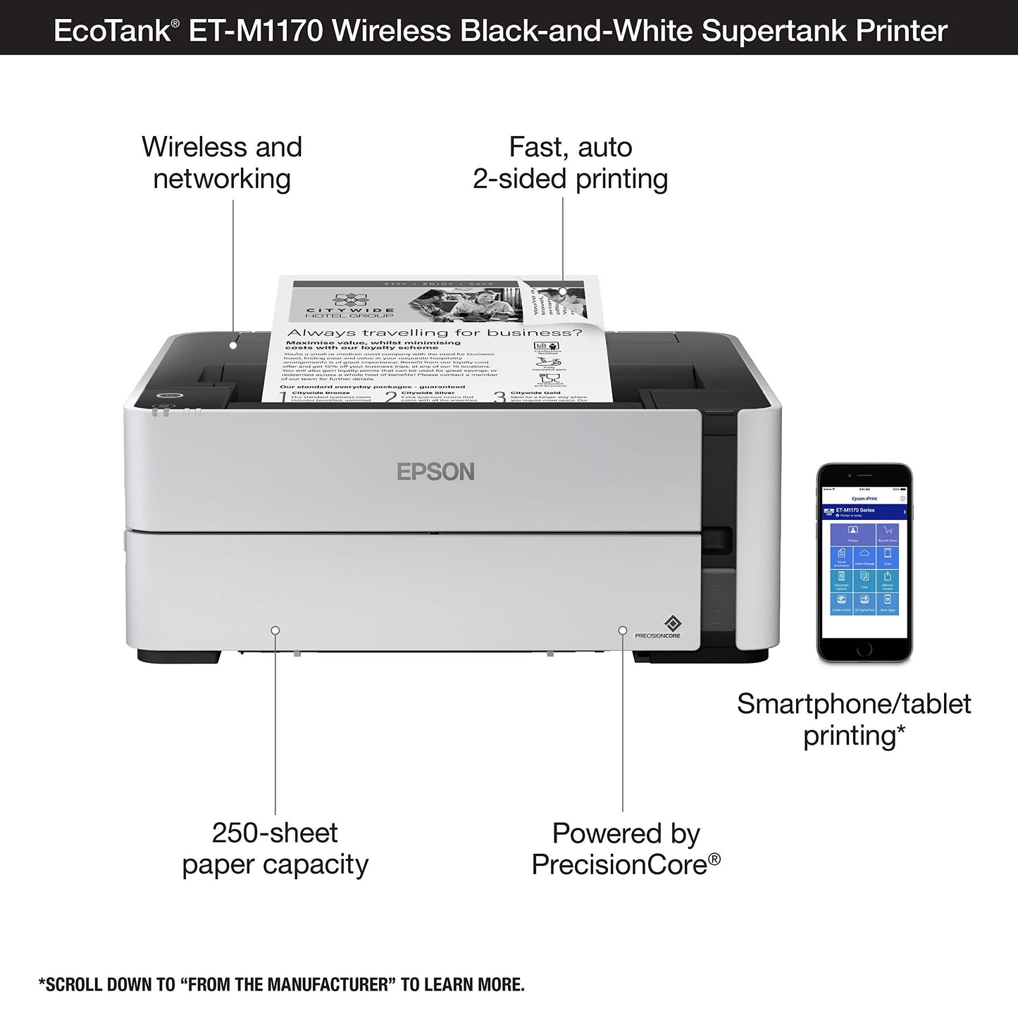 Epson EcoTank ET-M1170 Wireless Monochrome Supertank Printer with Ethernet Plus 2 Years of Unlimited Ink*