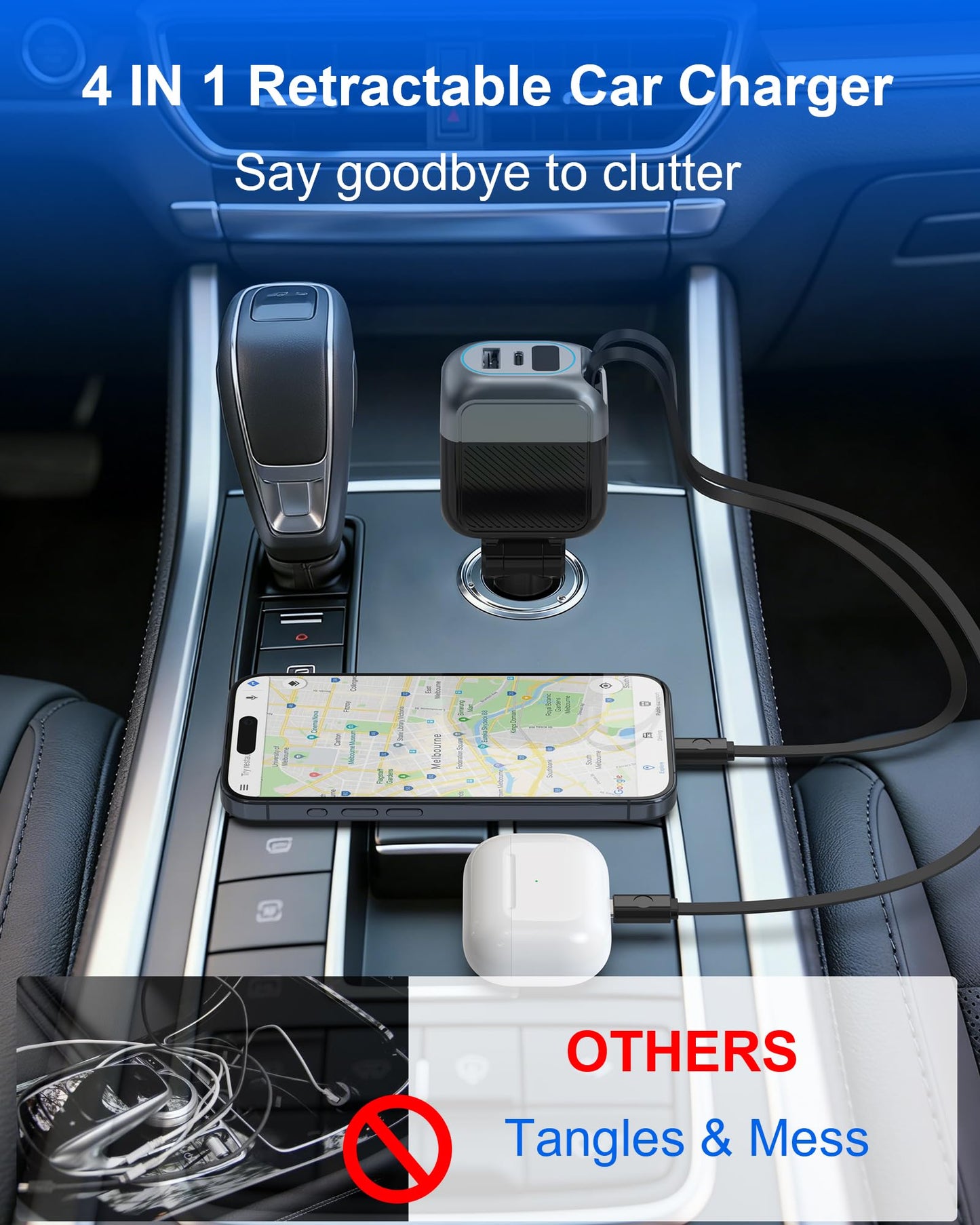 87W Retractable Car Charger, 4-in-1 Fast USB C Charging Car Adapter with 45W Type C Cable for iPhone 17/16 Pro Max & Samsung, 12W Lightning Cable