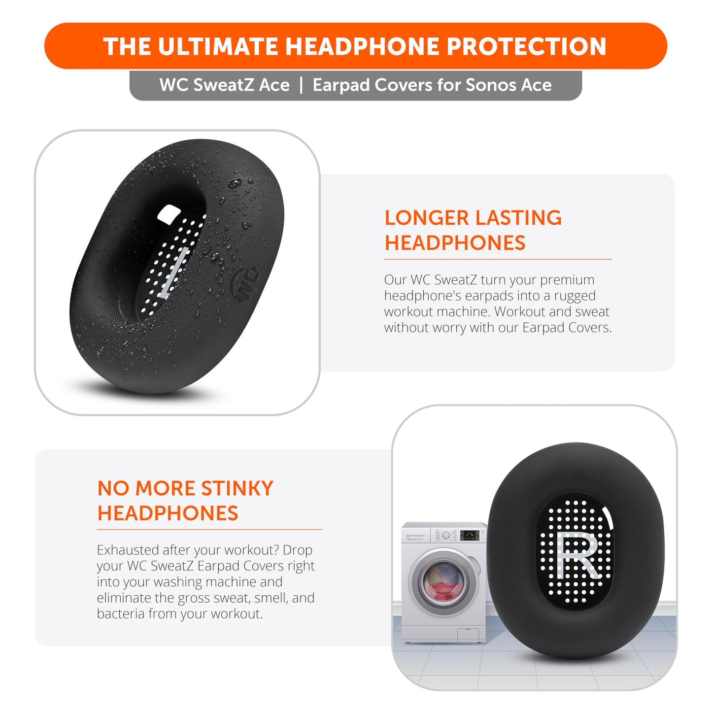 WC SweatZ Ace - Patented Earpad Sweat Covers for Sonos Ace Wireless Noise Cancelling Headphones by Wicked Cushions | Sweatproof & Easily Washable |