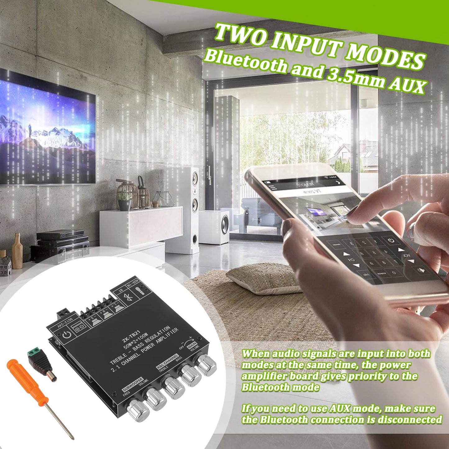 EPLZON 50W*2+100W Bluetooth Amplifier Board with Treble and Bass Control TPA3116D2 Chips DC 12-24V BT and AUX Inputs 2.1 Channel Stereo AMP Board