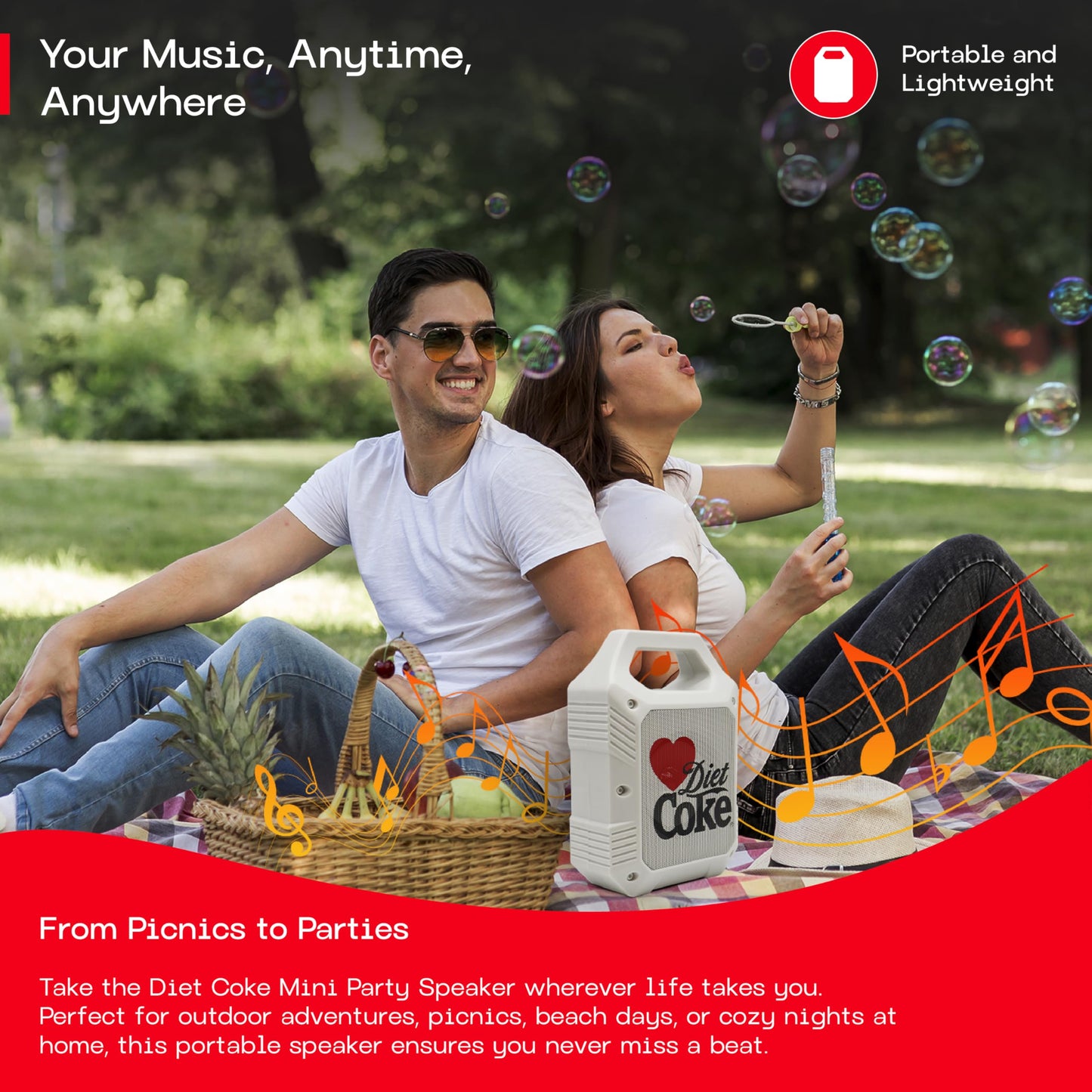 Diet Coke Portable Bluetooth 5.4 Speaker with Handle, Dual 5W Speakers, Multi-Connectivity (AUX/USB/MicroSD/FM), Hands-Free Calling, Lightweight