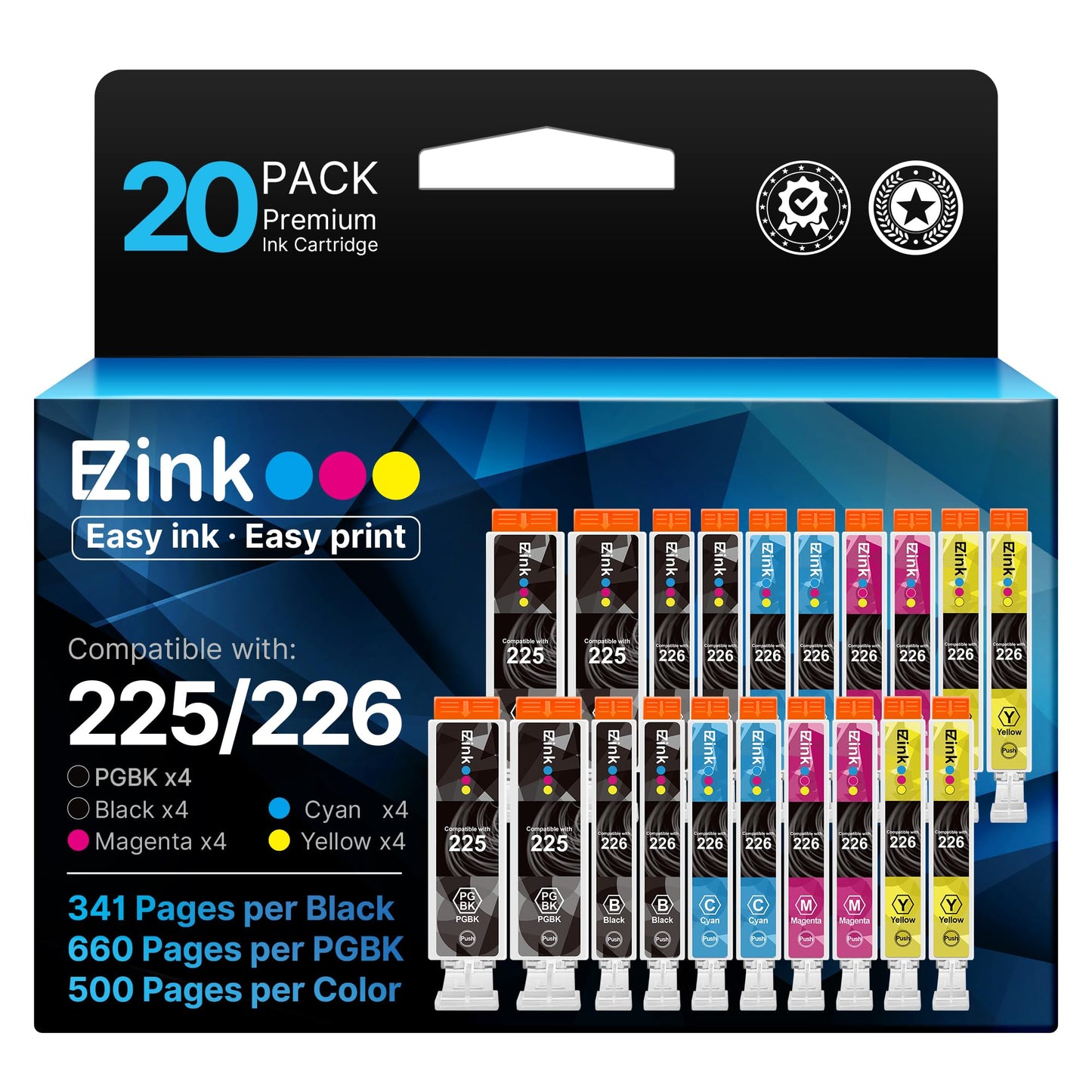 E-Z Ink Compatible Ink Cartridge Replacement for Canon PGI-225 CLI-226 PGI225 CLI226 to use with MG6220 MG6120 MG5320 MX882 MX892 (4 Large Black, 4
