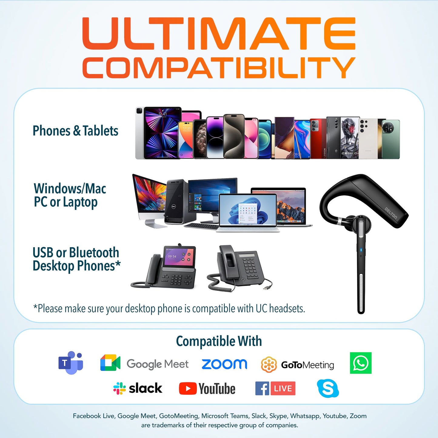Ultralight Bluetooth Headset with Noise Cancelling Microphone, Bluetooth Earpiece with Carrying Case, Wireless Headset for PC/Laptop, Compatible