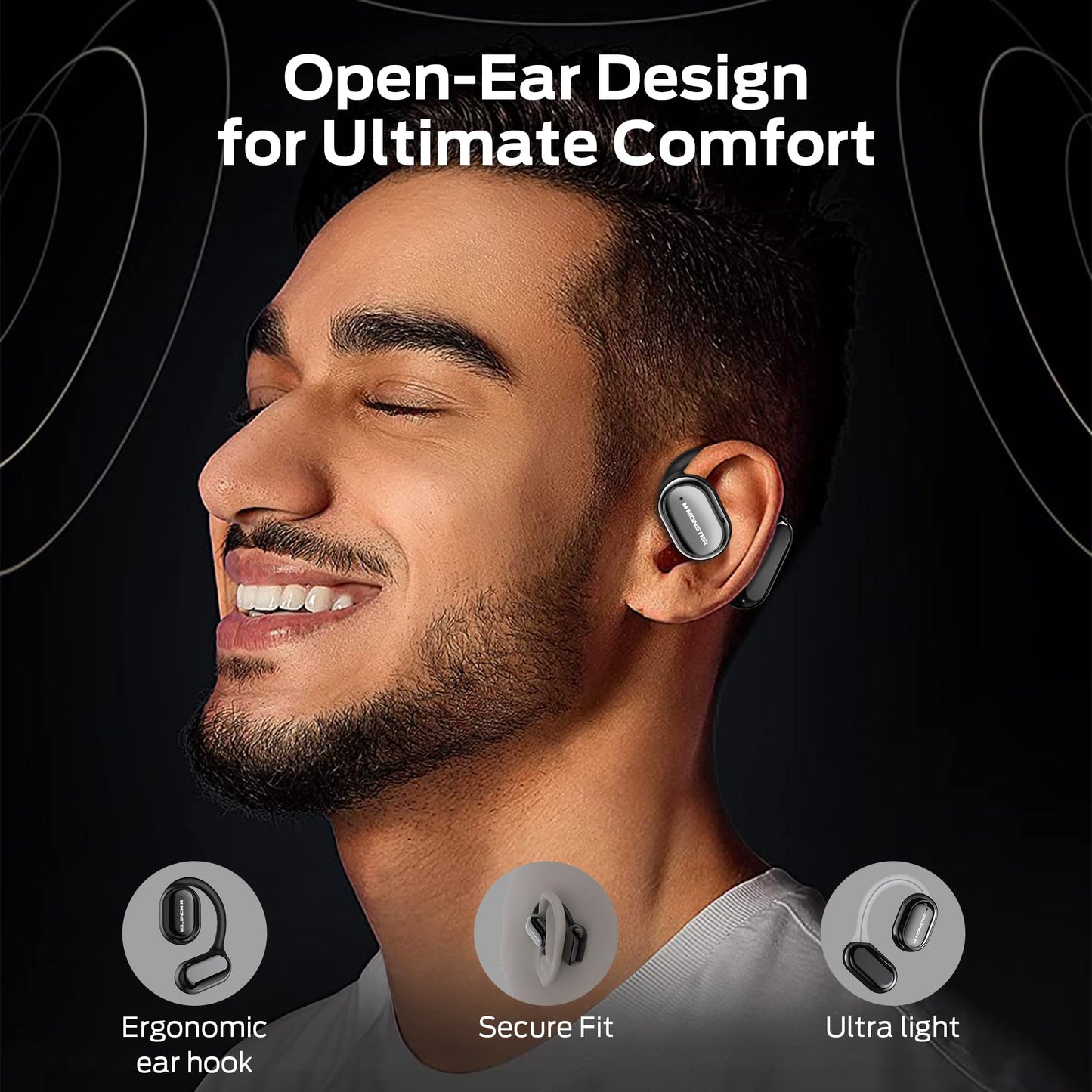 Monster Open Free AC100 Open Ear Bluetooth 5.3 Headphones, Wireless Earbuds with Earhooks, Immersive Stereo Sound by 16mm Large Driver, Clear Calls