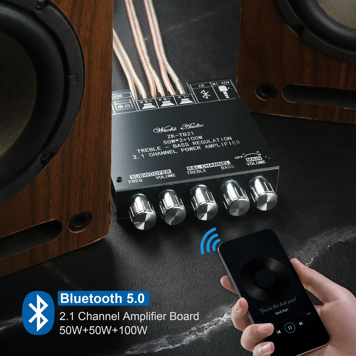 ZK-TB21 50W+50W+100W 2.1CH Bluetooth 5.0 Subwoofer Amplifier Board - Bass/Treble Control, AUX/USB Input, Overload Protection, Compact for Vehicle