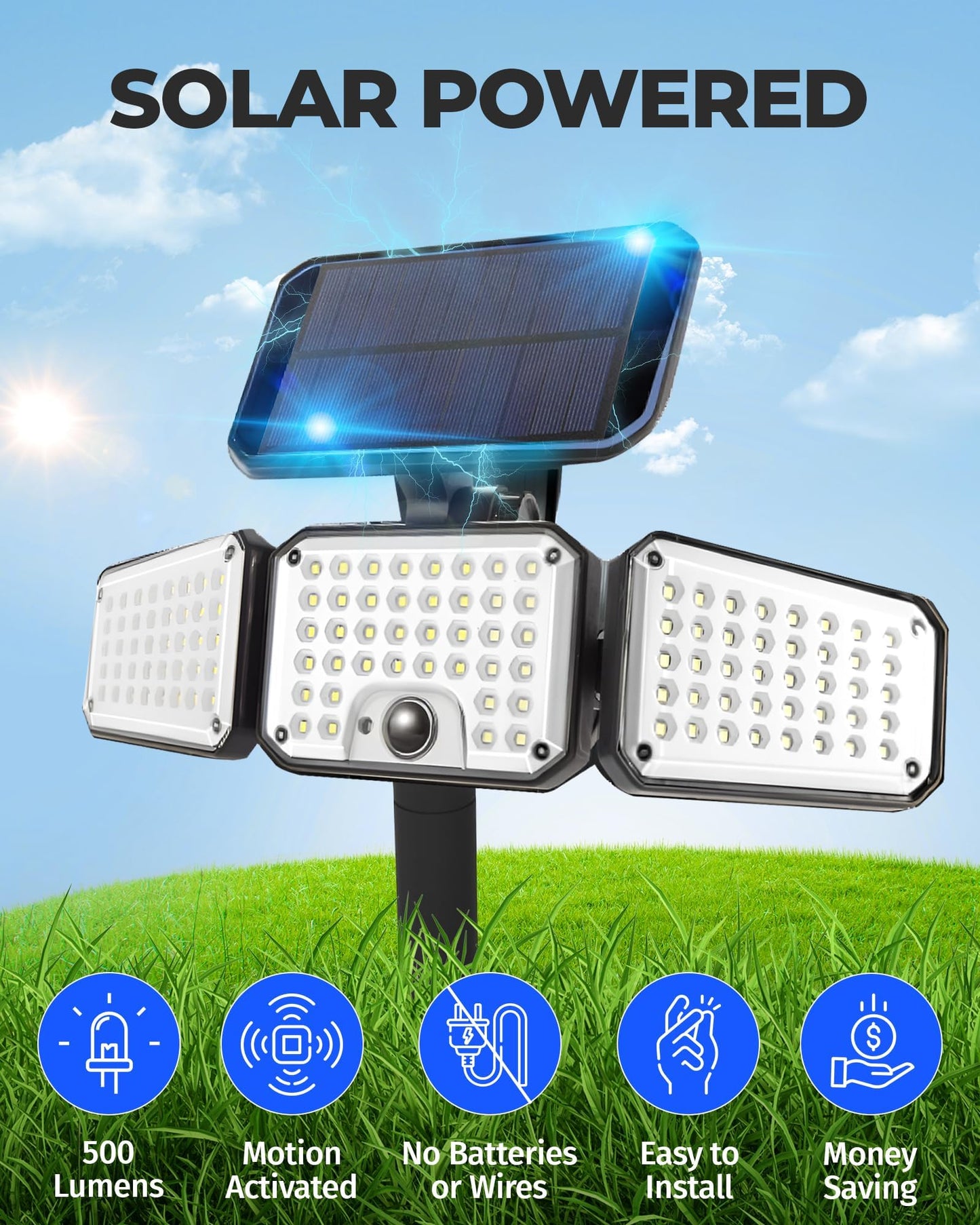 Bell+Howell Bionic Flood Light AS SEEN ON TV, 500 Lumen Deluxe Version Bionic Floodlight, LED Solar Flood Lights Outdoor Motion Sensor Waterproof