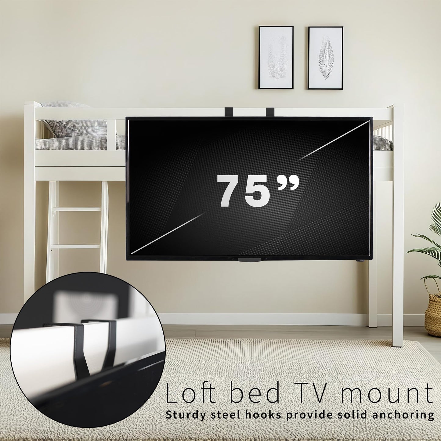 VIVO TV Hanger Bracket for 42 to 75 inch Flat and Curved Screens, Light Weight Steel Design, Height Adjustable Cross Bar, Loft Bed, Thin Door TV