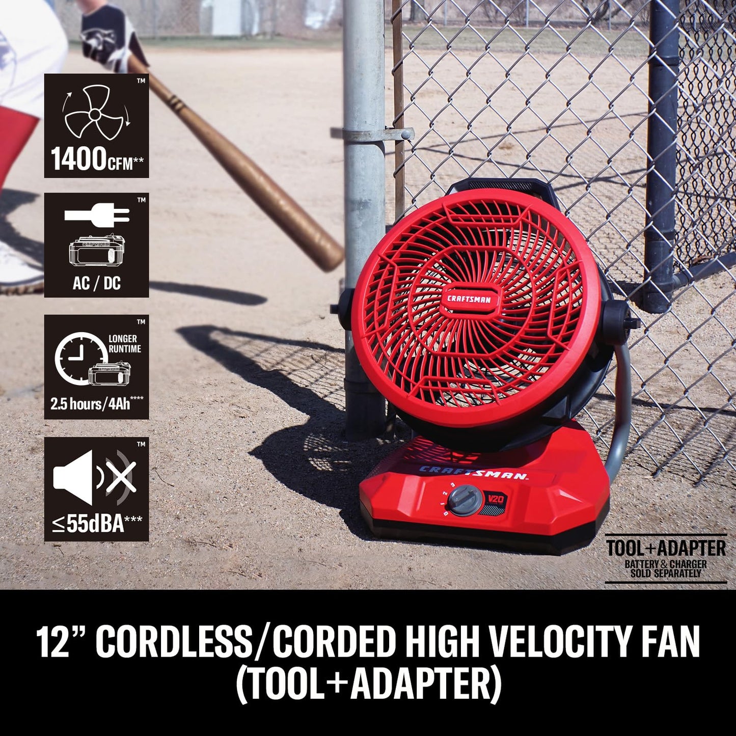 CRAFTSMAN V20 Cordless 12" Portable Fan, Battery Powered Fan, AC/DC Dual Supply, AC Adapter included, 1400 CFM, 3-Speed Settings, 130° Tilt