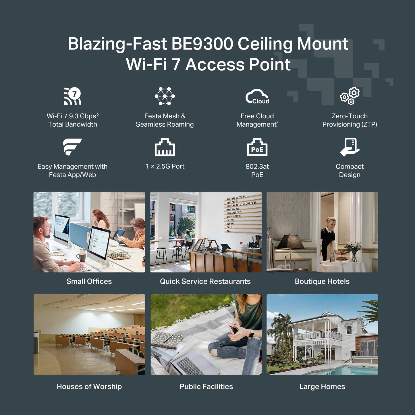 TP-Link Festa F76 | Ultra-Slim BE11000 WiFi 7 2.5G Tri-Band Wireless Access Point | Mesh, Seamless Roaming, 6 GHz, MLO | Self-Organizing Network |