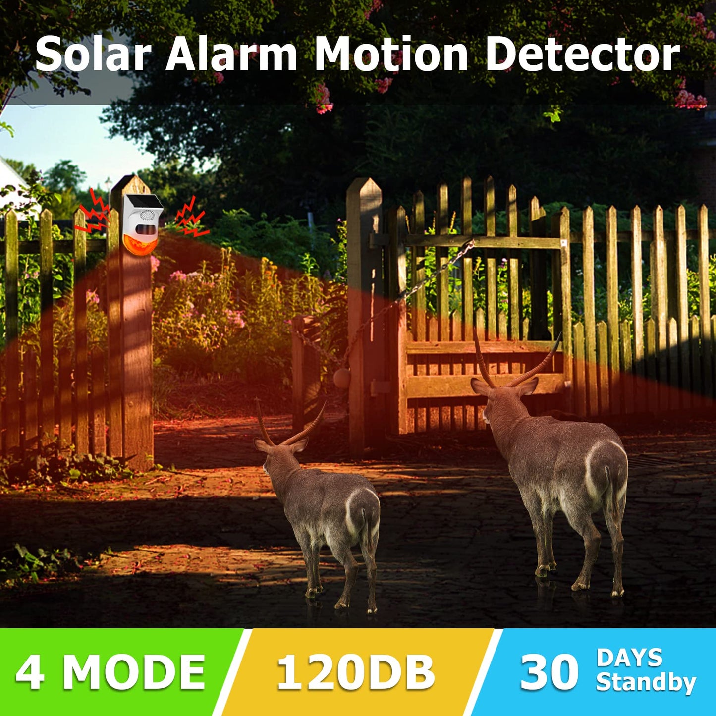 Solar Strobe Alarm Light with Motion Sensor Siren Outdoor Alarm Siren with Remote Controller 120db Sound Security Siren Light IP67 Waterproof and 4