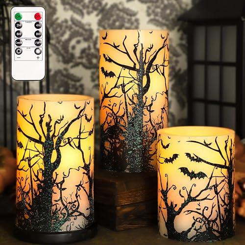FLAVCHARM Halloween Decor Flameless Candles Set of 3 Black Spooky Bats Decal Flickering Battery Operated with Remote Real Wax LED Pillar Candles