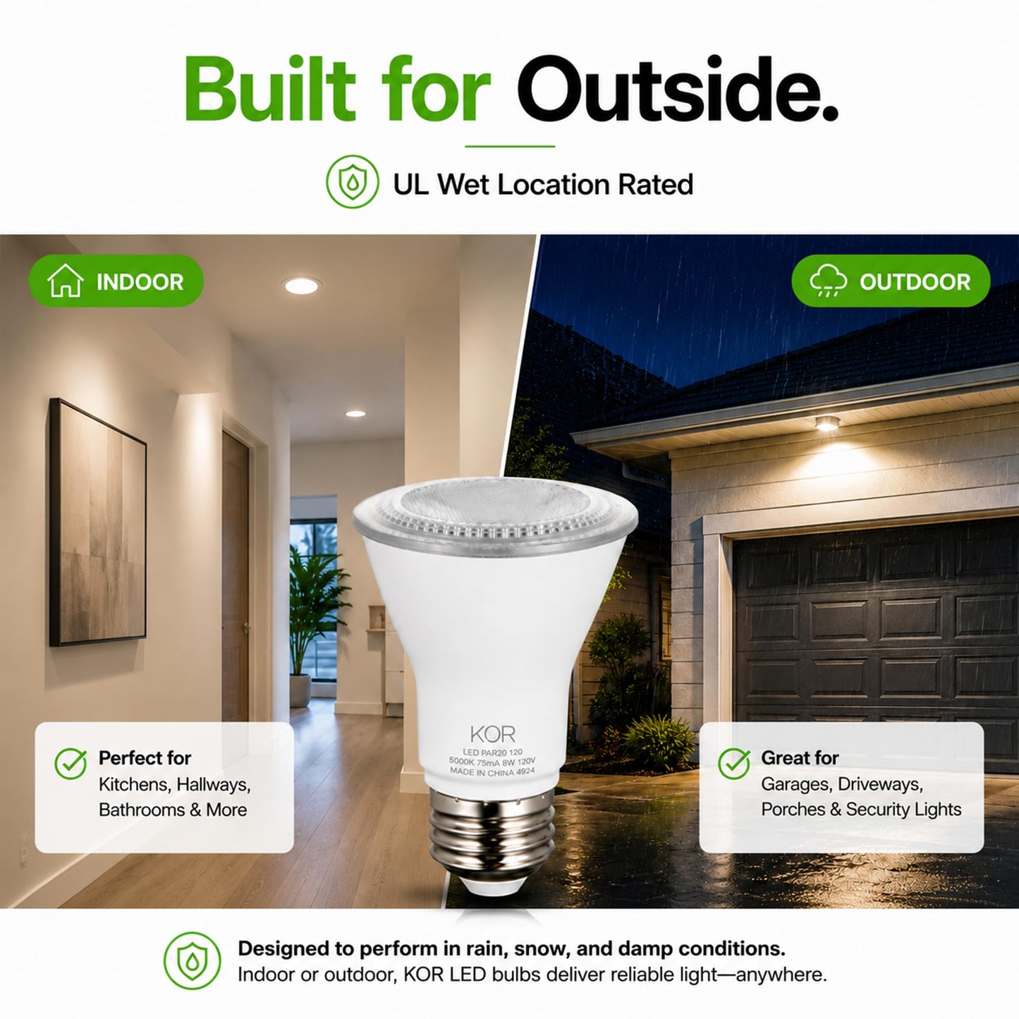 KOR 5.5W PAR20 LED Flood Bulb, Dimmable, E26 Base, 5000K Daylight, 6-Pack