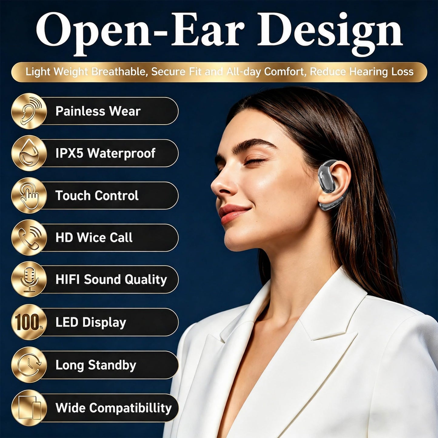 Open Ear Headphones, Wireless Headphones with Smart Digital Display & Mic