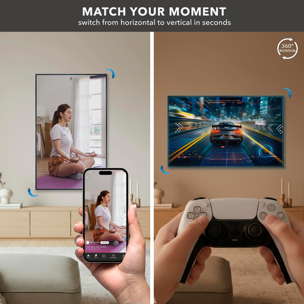 Mount-It! TV Wall Mount Landscape to Portrait Rotation, Fixed Mounting Bracket, Low-Profile for Samsung, Sony, Toshiba, Sharp, LG, Element, Westinghouse, TCL 32 to 60 Inch (Some 70") TVs, 110 lbs