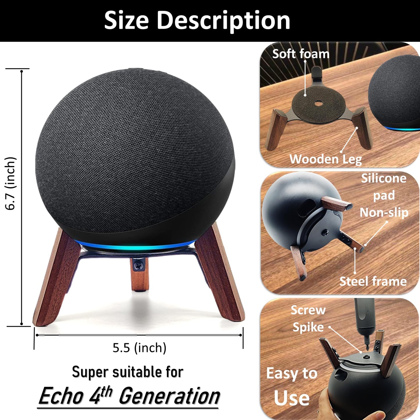 Real Wood Stand for Echo (4th Gen) Speaker (2020),Tripod Holder Accessories Protect Alexa Speaker for Sound Better,Secure Stable Wooden Mount with
