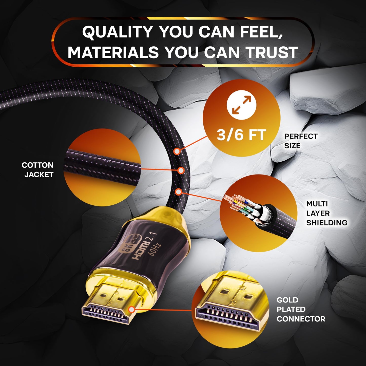 SatelliteSale Digital Ultra High-Speed HDMI 2.1 Cable 4K/120Hz 8K/60Hz 48Gbps Universal Wire Black Cotton Cord 3 feet