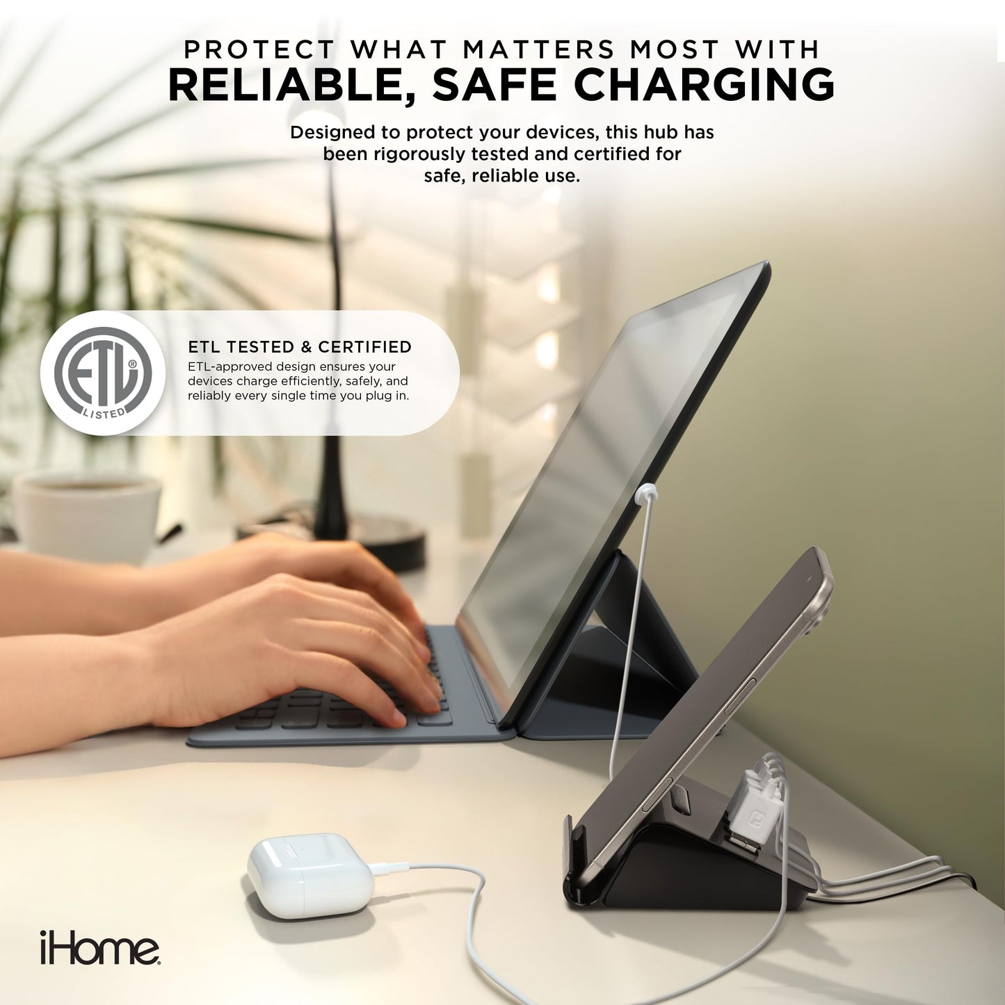iHome 4 Port USB Charging Hub, 3 USB-A, 1 USB-C, Smartphone Dock, 6ft Power Cord, Lightweight & Portable