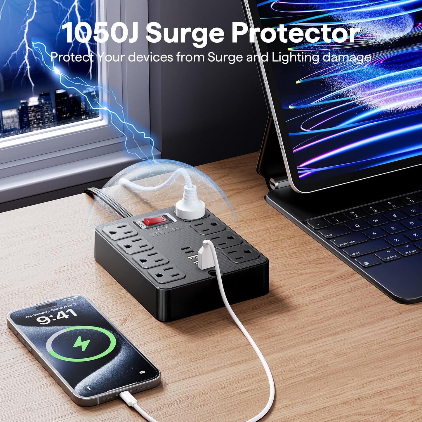 13 in 1 Surge Protector Power Strip Flat Plug 8 Widely AC Outlet 3 USB Ports,1250W/10A?5 ft Extension Cord with Multiple Outlets, Desk Extender