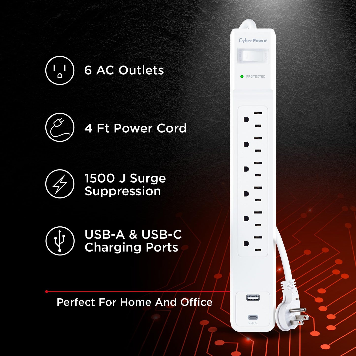 CyberPower CSP604UCW Surge Protector, 1500J, 6 Outlets, 1 USB-A, 1 USB-C, 4 Foot Power Cord, White, ETL