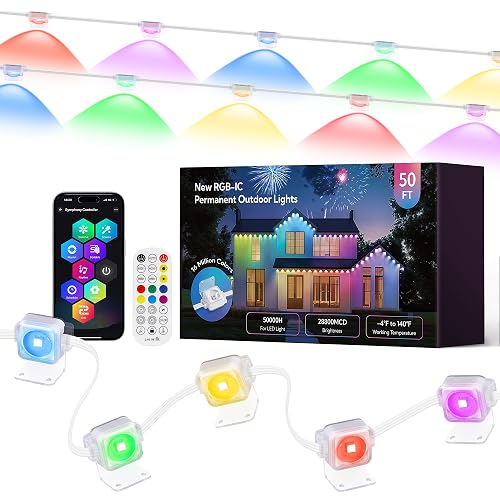 Qunlight Permanent Lights Outdoor,Smart RGB LED Lights with 66 Scene Modes,50FT LED Eaves Lights IP67 Waterproof,Color Changing String LED Lights