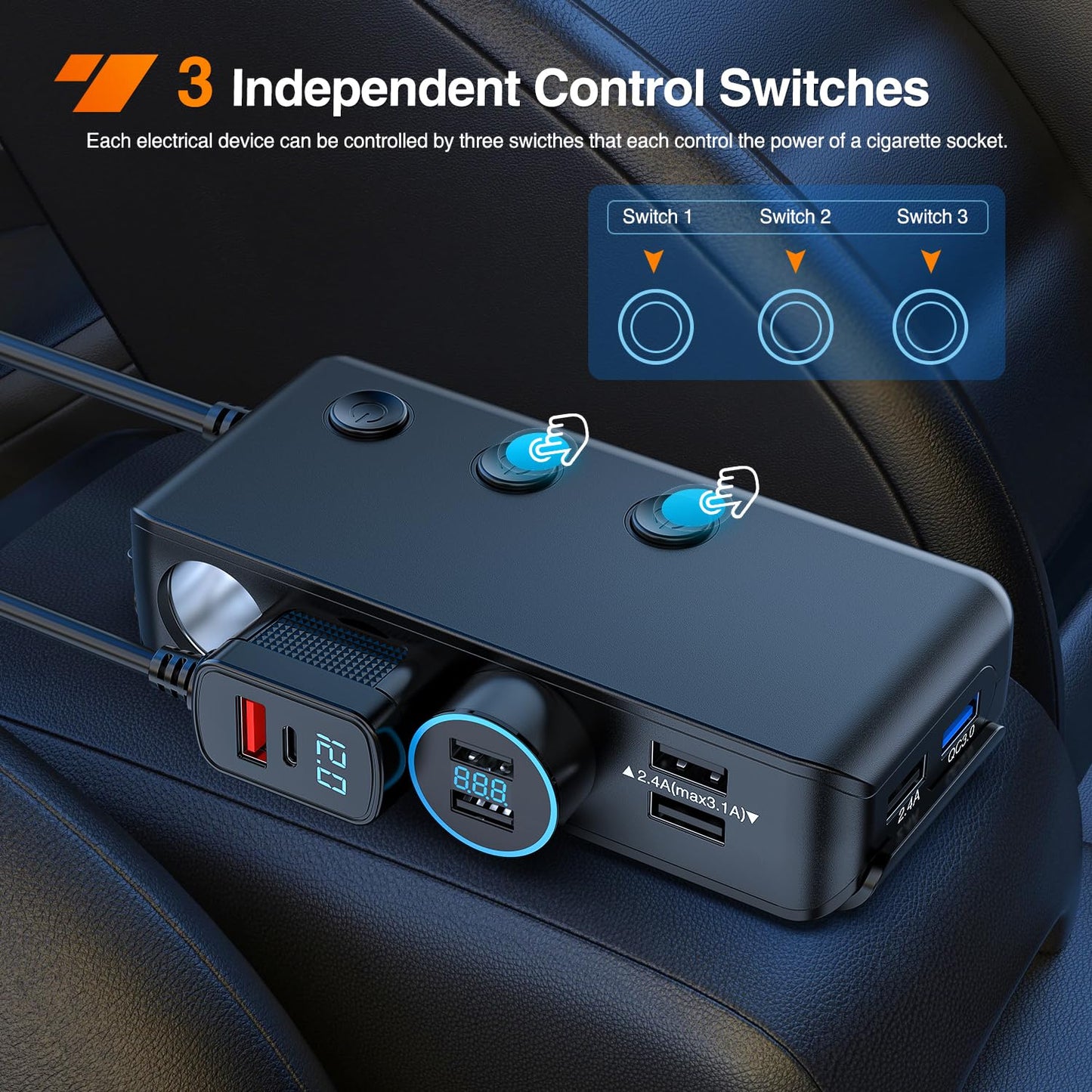 Nilight 9 in 1 Cigarette Lighter Adapter Splitter QC 3.0 3 Sockets 4 USB Ports Power Splitter with PD/QC 3.0 Independent Switches LED Voltage Display