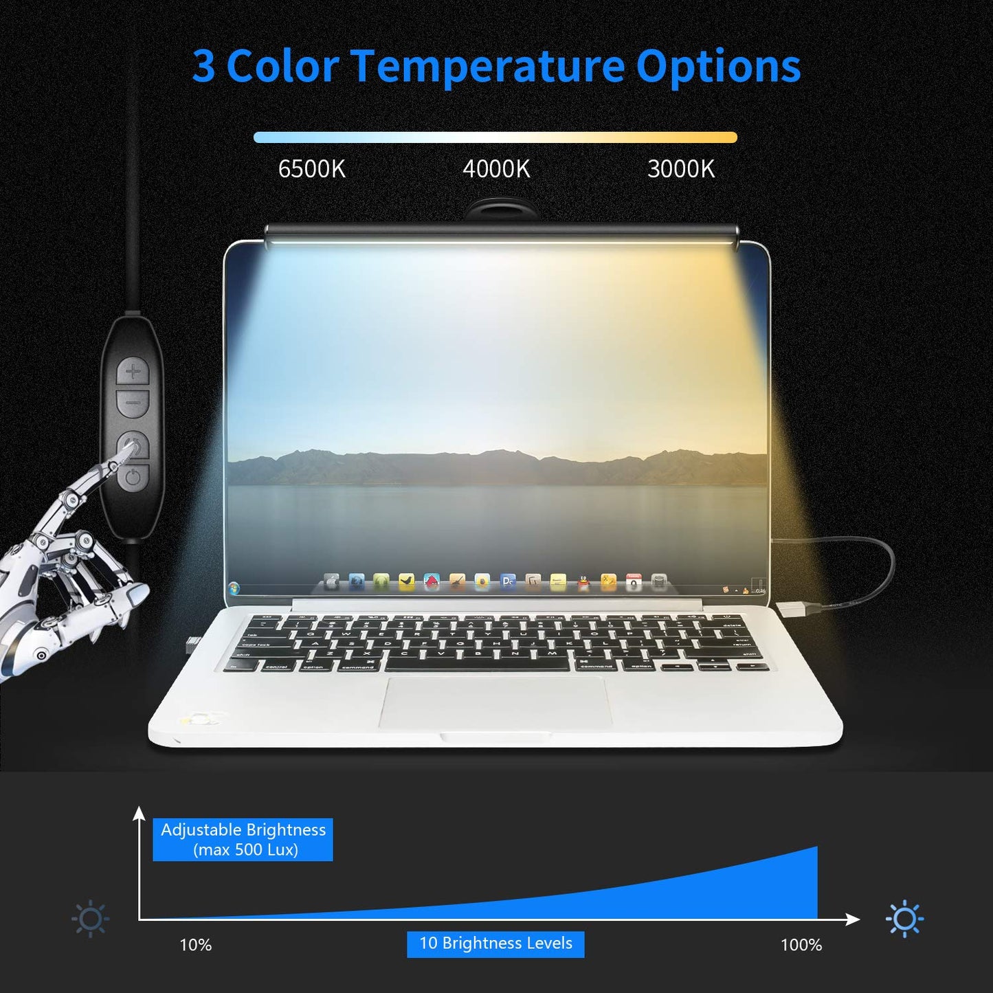 HIOUME Laptop Monitor Light Bar, USB e-Reading LED Task Lamp, 3 Adjustable Color Temperature, 10 Dimming Brightness Levels, No Screen Glare, Space