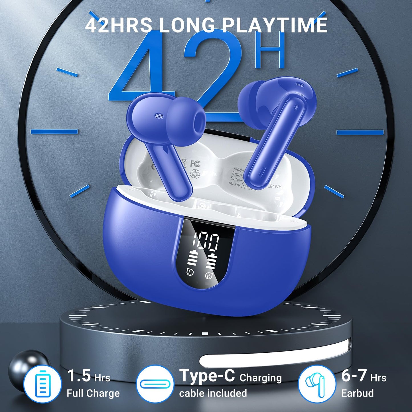 Wireless Earbuds, 2024 Wireless Headphones HiFi Stereo Earphones with 4 ENC Noise Canceling Mic, 42Hs Playtime In Ear Earbud, Bluetooth 5.3 Sport