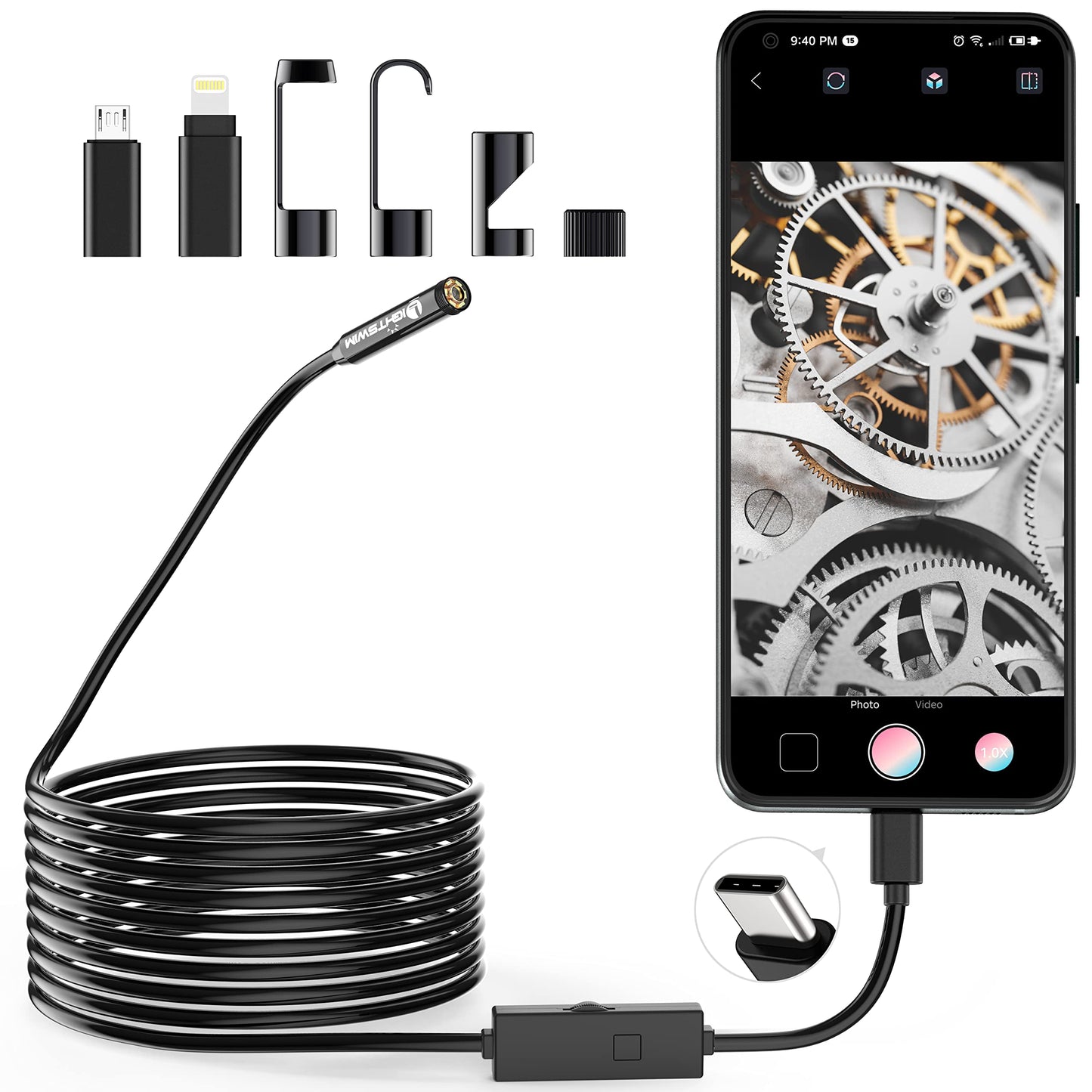 1920P Endoscope Snake Inspection Camera, Lightswim Type C Borescope, Scope Camera with 8 LED Lights for Android and iOS Smartphone, iPhone, iPad