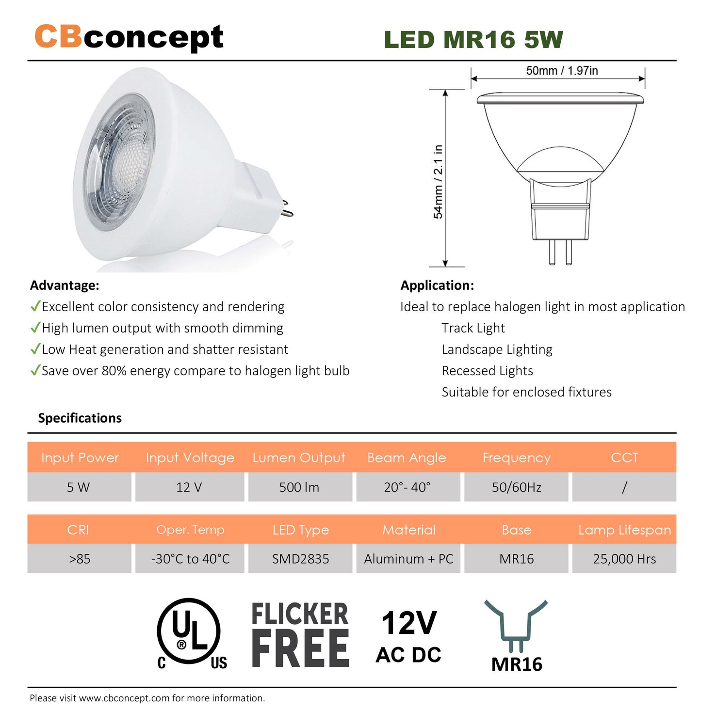 CBconcept UL Listed MR16 GU5.3 LED Bulbs, 2 Pack, 5 Watt, Dimmable 500 Lumen, Yellow, 36 DegreeBeam Angle, 12V, 50W Halogen Equivalent, Landscape