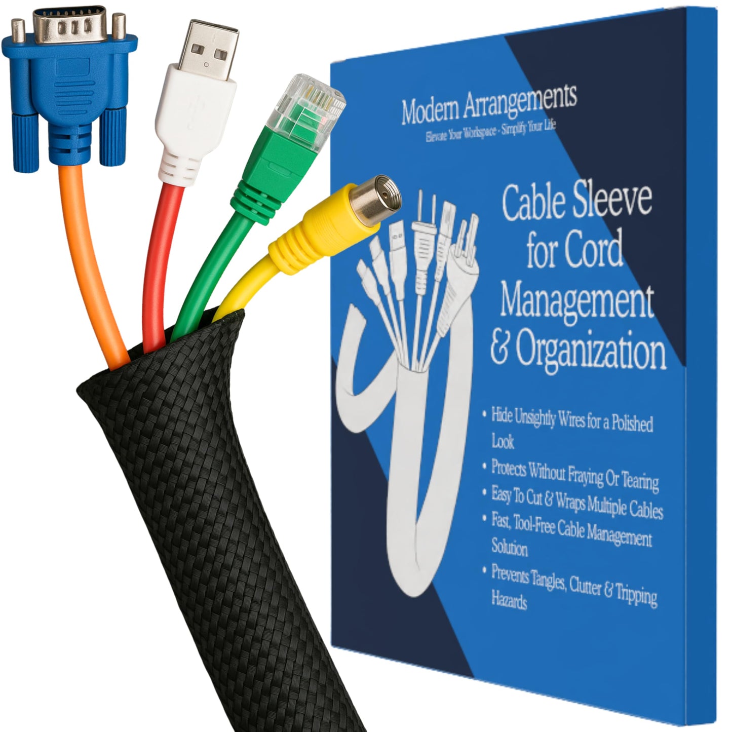 Cable Management Sleeve & Cord Organizer for Desks - Wire Management Cover to Conceal & Protect Messy Cables for Computers, TV & Electronics - 10 ft x