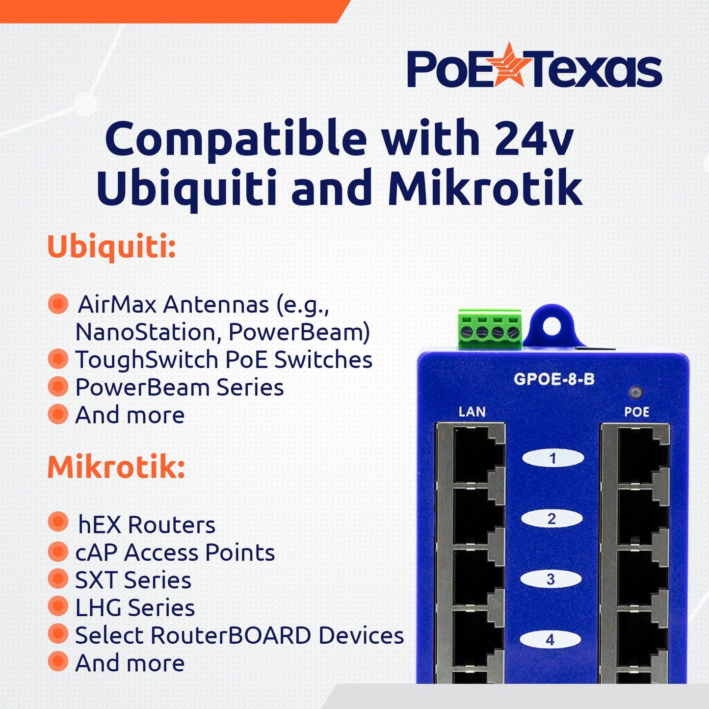 PoE Texas GPOE-8B - 8 Port Gigabit Passive Mode B Power Over Ethernet Injector for Ubiquiti, Mikrotik & More - Add PoE to Non-PoE Switch - 24v, 48v or