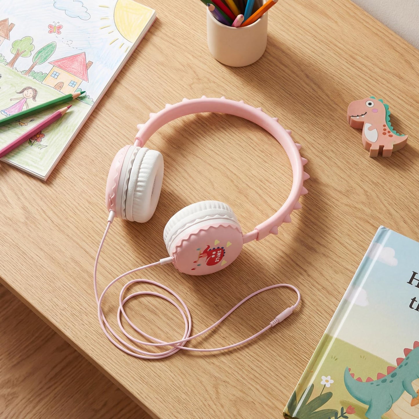 KERHAND Kids Dinosaur Wired Headphones, Pink