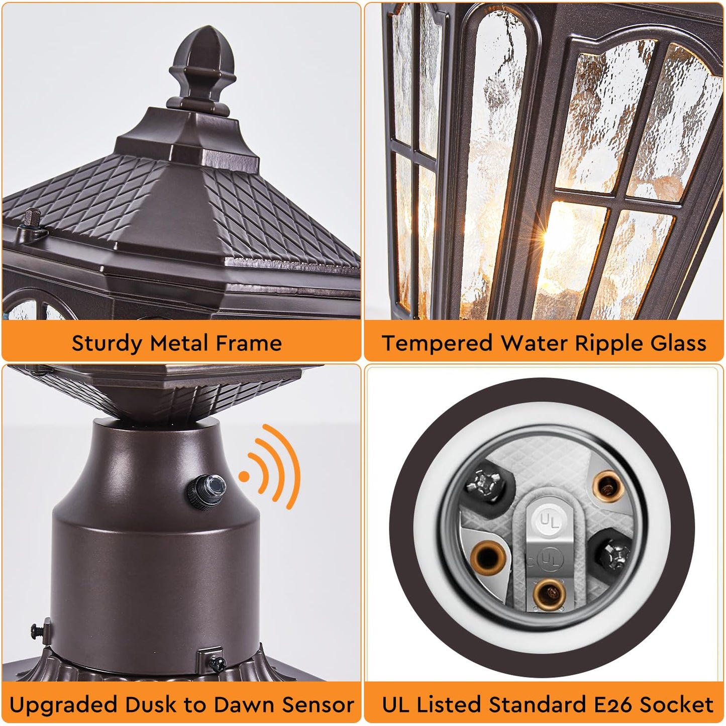 GYDZ Dusk to Dawn Outdoor Post Lights with Pier Mount Base, Aluminum Exterior Pillar Light Fixture with Water Ripple Glass, Oil Rubbed Bronze Pole